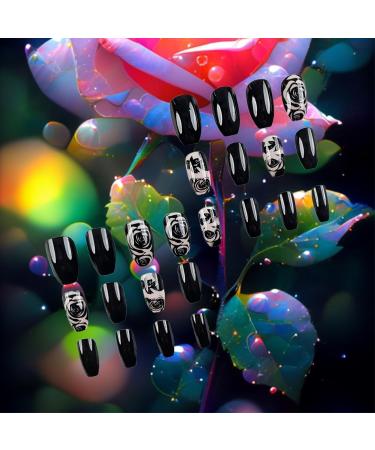 Rose Flower Press-On Nails for DIY Manicure | 24 Glossy Black Acrylic Coffin Fake Nails with Gel Glue - Chic Rose Design for Women & Girls - Buy Online on GoSupps.com