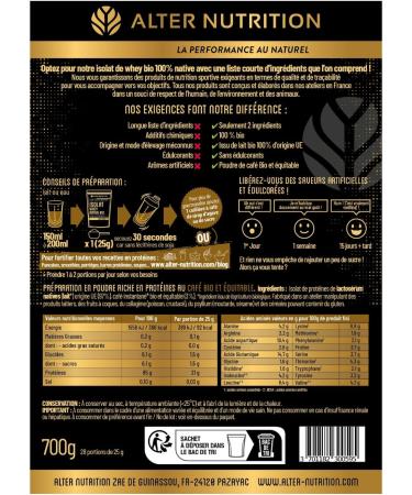 ALTER NUTRITION - Organic Native Whey Isolate - Coffee - Mass Gainer - Low Fat - GMO/Emulsifier/Additive Free - Made in France - 21g Protein Per Scoop - 700g Bag - Buy Online on GoSupps.com