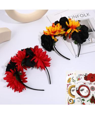 FRCOLOR 2Pcs Day of The Dead Headband with Mexican Flower Crown and Halloween Tattoos - Red and Orange - Buy Online on GoSupps.com