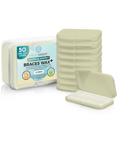 Braces Wax,10 Pack. Dental Wax for Braces & Aligners - 50 Premium Orthodontic Wax Strips, Wax for Teeth, Vitamin E + Aloe. Includes storage case. Food Grade. Fresh Knight. (Vitamin E + Aloe Vera)