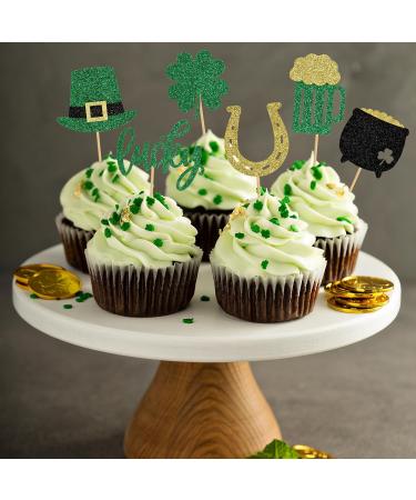 24 PCS St Patrick's Day Cupcake Toppers Glitter Lucky Four Leaf Clover Beer Cupcake Picks for St Patrick's Day Shamrock Theme Baby Shower Birthday Party Cake Decorations (6 styles) Design-6 - Buy Online on GoSupps.com
