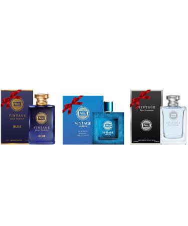 Hybrid & Company Men's 3 Pcs Scent Spray Long Lasting Eau De Toilette Luxury Fragrance Vintage Blue Vintage Heroes Vintage Pour homme 3.4 Fl Oz (Pack of 3)