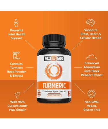 Zhou Nutrition Turmeric Curcumin with Ginger - 90 Veggie Capsules for Joint & Immune Support - Buy Online on GoSupps.com