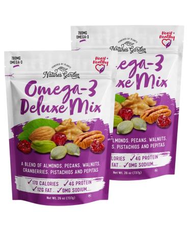 Nature's Garden Omega-3 Deluxe Mix  Power Up Omega Deluxe Trail Mix, Heart Healthy, Gluten Free, Antioxidant Rich, Cholesterol Free, Sodium Free, No Artificial Ingredients  26 Oz Bag (Pack of 2) Omega-3 Deluxe Mix 26 Oun