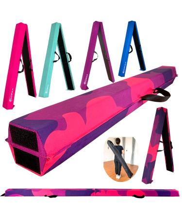 MARFULA 8 FT / 9 FT Folding Balance Beam Gymnastics Floor Beam - Extra Firm - Suede Cover - Anti Slip Bottom with Carry Bag for Kids/Adults Home PinkPurple-Camo 6 Ft