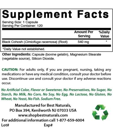 Best Naturals Black Cohosh 540mg 120 Capsules - Natural Menopause Support - 120 Count - Buy Online on GoSupps.com