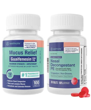 WELMATE Respiratory Relief Bundle: Maximum Strength Guaifenesin 1200 Mg Mucus Relief (100 Bi-Layer Tablets) + Phenylephrine HCl 10 mg Nasal Decongestant PE (200 Tablets) Sinus Cold & Allergy Support