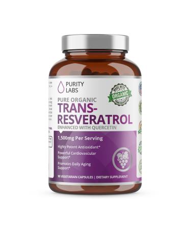 Purity Labs Pure Organic Trans-Resveratrol - Vegan Supplements for Heart, Skin, Hair, Nails - Anti Aging Antioxidant Supplement - 90 Capsules