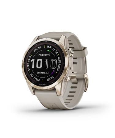Garmin fenix 7S Sapphire Solar, Smaller adventure smartwatch, with Solar Charging Capabilities, Rugged watch with GPS, touchscreen, wellness features, cream gold titanium with light sand band Cream Gold Titanium with Light Sand Band 7S Sapphire Solar Smar