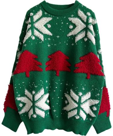 Shop Women's Christmas Sweater - Knitted Elk & Snowflakes Design | Festive Green Style for the Holidays - Buy Online on GoSupps.com