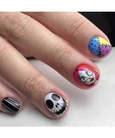 Halloween Press on Nails Short Square Colorful Nightmare Before Christmas Nails Full Cover Fake Nails Acrylic Glue on Nails Artificial False Nails With Ghost Designs for Women 24Pcs