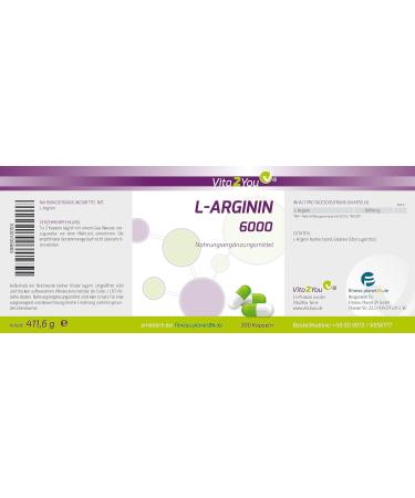 Vita2You L-Arginine 6000 - 300 Capsules | 1000mg High Dosage Arginine per Capsule | Premium Quality Supplement for Optimal Health - Buy Online on GoSupps.com