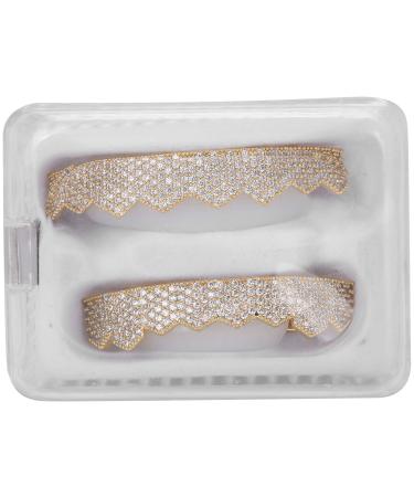Bling Teeth Grillz Iced Out Hop Teeth Top & Bottom Teeth Grills Set Gold silvered with a storage box for punk women (gold)