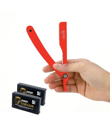 Bloony Laser Collection of Professional Free Hand Razor - Stainless Steel + 10 Derby Platinum Razor Blades (20 Half Blades) - Italian Design - Version 2021 (Rosso)