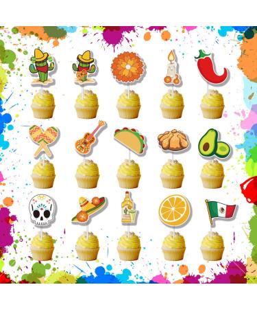 32Pcs Mexican Fiesta Cupcake Topper - Taco Cake Toppers Decorations Mixed Shaped Mexican Theme Cupcake Topper Supplies for Birthday Party Baby Shower