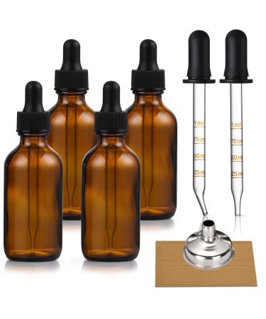 4 Pack 1 oz Amber Glass Dropper Bottles Plus 2pcs Graduated Calibrated Glass Pipettes (1ml)- 30ml Dark Brown Tincture Bottles with Eye Droppers for Essential Oils Liquids - Leakproof Travel Bottles Plus 2 Graduated Pipettes
