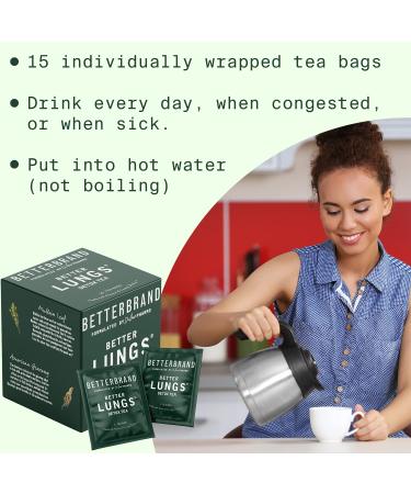 Betterbrand Better Lungs Detox Tea - Mullein Leaf, Ginseng, Elderberry, Ginger & Thyme Herbal Tea Bags - Lung Cleanse, Congestion Relief, Mucus Detox - 15 Caffeine-Free Bags - Buy Online on GoSupps.com