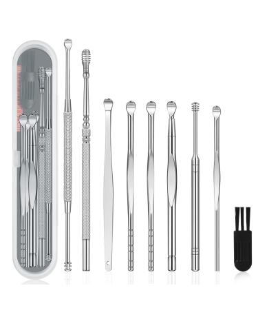 9 Pcs Ear Pick Earwax Removal Kit  Ear Cleansing Tool Set  Ear Wax Removal Tool  Ear Curette Ear Wax Remover Tool with a Cleaning Brush and Storage Box  Medical Grade  for Children and Adults Silver