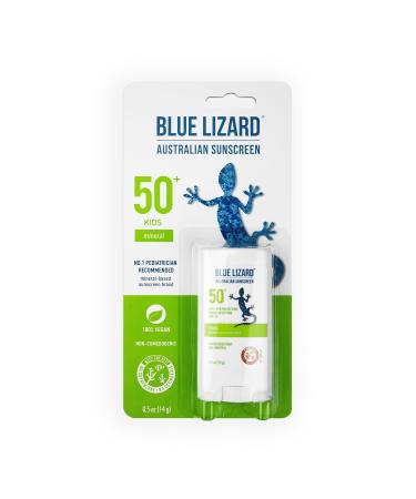 BLUE LIZARD Mineral Sunscreen Stick with Zinc Oxide SPF 50+ Water Resistant UVA/UVB Protection Easy to Apply Fragrance Free, Kids, Unscented, 0.5 Oz(Packaging May vary)