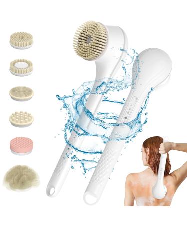 Emooncn 6 in 1 Electric Body Brush Set for Showering Rechargeable Shower Brush for Body with Long Handle Electric Bath Scrub Brush Kit with 7 Spin Brush Heads Waterproof Silicone Facial Brush (White)