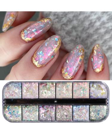 Holographic Opal Nail Art Glitter Flakes Powder Aurora Iridescent Pigment Ice Crystal Mermaid Paillettes Sparkly Sequins Design for Manicure Decoration Accessories 12 Grids Opal Type 1