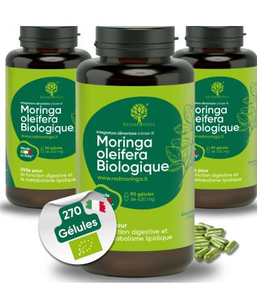 RedMoringa Moringa Oleifera Organic Supplement 100% Natural Source of Vitamins Minerals and Proteins Made in Italy (270 Capsules)