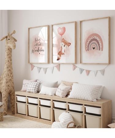 artpin Poster Set for Children's Room | 3 Pictures - Old Pink Balloon Rainbow Fox | Baby Room Decor for Girls - Buy Online on GoSupps.com