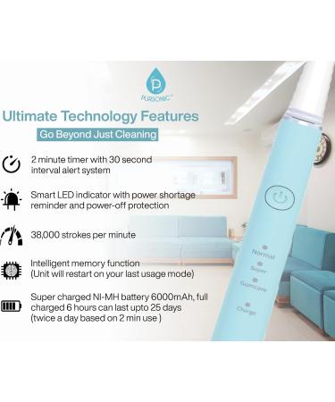 Pursonic Whitening USB Rechargeable Sonic Toothbrush - 12 Brush Heads 38 000 Strokes/Min 3 Modes 2 Min Timer - Mint Green - Buy Online on GoSupps.com