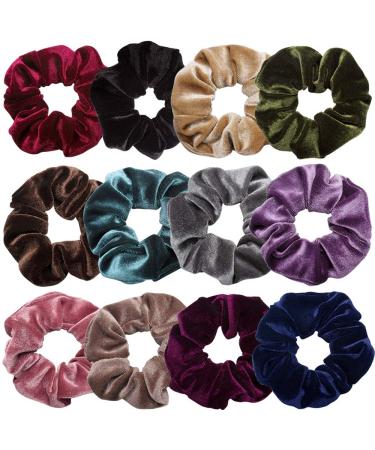 Scrunchies for Hair 12 Pcs Soft Hair Scrunchy Bobbles Elastic Hair Bands Ties Donut Hair Accessories for Women Ponytail Holder Velvet Vintage Scrunchies (Dark Color Series 12 Colors) Multicolor