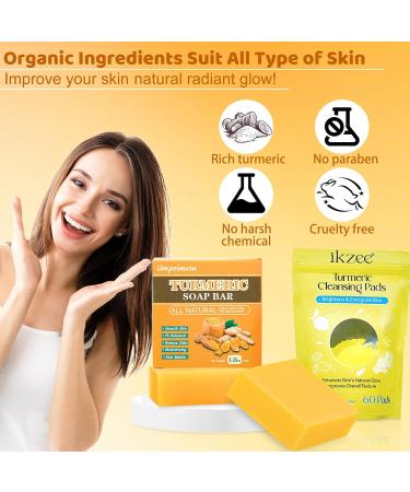 2 Pack Turmeric Soap Bar & Exfoliating Pads - Cleanse & Moisturize Acne Scars | Vitamin B5 & Lemon Infused - Buy Online on GoSupps.com