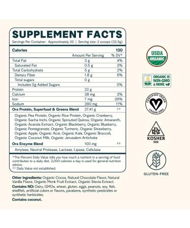 Ora Organic Vegan Protein Powder Chocolate Vanila & Greens Powder Bundle: 22g Plant Based Chocolate 20 Servings + 21g Plant Based Vanilla 20 Servings + Organic Super Greens Drink 30 Servings - Buy Online on GoSupps.com