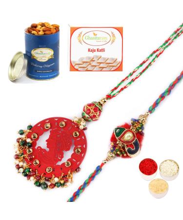 Ghasitaram Gifts Rakhis Online - Rakhi for Brother- RM-140 Bhaiya Bhabhi Rakhi with 100 GMS of Dryfruits Mix Can 200 GMS of Kaju katli Rakhi Set & 100g Dryfruits Mix Can 200g Kaju katli