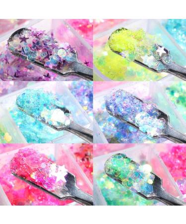 Mermaid Flake Nail Art Glitter Sequins - 12 Colors, 3D Holographic, Fluorescent Glass - Nail Decals for Women & Girls - DIY Acrylic Nails - Buy Online on GoSupps.com