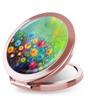 iampanda Compact Rose Gold Mirror for Women Round Mini Pocket Makeup Mirror for Purse Cute Portable Folding Travel Mirror with 2X Magnifying (Watercolor Nature Landscape Floral)