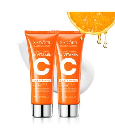 5X Vitamin C Face Cleanser 100g(2 Bottle),SADOER Facial cleanser Niacinamide & Hyaluronic Acid, Gentle Pore Refining Daily Wash for Oily &Dull Skin,Clear,Oil Balancing,TIKTOK Popular Skincare Gift 2 Face Cleanser