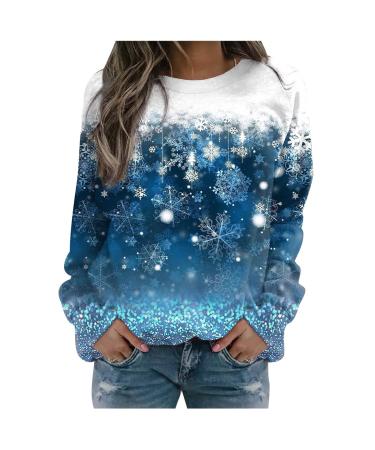 Christmas Sparkly Snowflake Print Tops,Women V Neck Long Sleeve Tshirts Casual Plus Size New Year Party Sweatshirt B01#blue 3X-Large