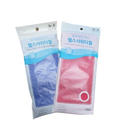 SONGWOL Exfoliating Long Scrub Wash Towel | 35.8 X 12.6 | Beauty Skin Bath Wash Cloth | Made in Korea (2pc Set (1 Red  1 Blue))