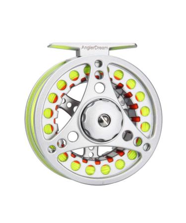 ANGLER DREAM (1/2WT 3/4WT 5/6WT 7/8WT) Fly Reel with Line Combo Aluminum Alloy Large Arbor Fly Fishing Reels Weight Forward Fly Line with Braided Backing Taper Leader Pre-Tied Silver Reel&Fluo Yellow Line(Pre-load) 1/2 WT Reel+Line