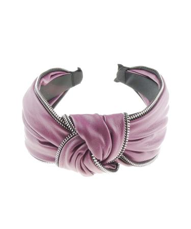Womens Vegan Faux Leather Silver Tone Zipper Zip Trim Knotted Wide Top Knot Fabric Turban Evening Boho Retro Funky Vintage Headband Alice Band Hair Hairband For Christmas Birthday Wedding (Purple)