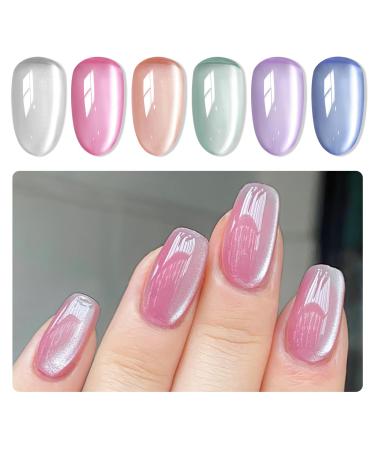 MIZHSE Cat Eye Gel Nail Polish Moonlight 6 Colors Ceramic Magnetic Gel Polish Set with Magnet Stick Crystal Silver Champagne Pink Green Blue Purple Magnetic French Gel Nail Polish Kit Gift Set Classic Moonlight Cat Eye Gel