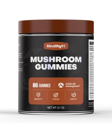 Mushroom Gummies Supplement-Reishi Cordyceps Turkey Tail Mushroom Supplement Gummy for Adults Supports Brain Health Immune Defense - 86 Gummies