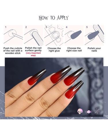 Kikmoya Halloween Ombre Red Black Fake Nails - 24pcs Ballerina Glossy Design Stick on Nails for Women - Acrylic Artificial Mystery False Nails (Red Black Ombre Coffin) - Buy Online on GoSupps.com