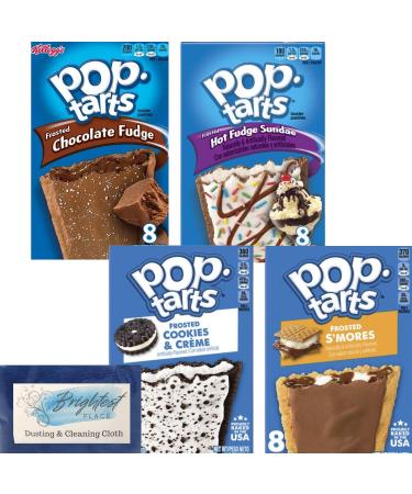 Brightest Place Variety Pack Frosted Chocolate Flavors Pop Tarts - S'mores Cookies and Cream Chocolate Fudge Hot Fudge Sundae Pop-Tarts 8 Count (Pack of 4) Plus Cleaning Cloth