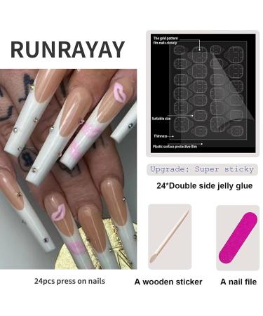 Runrayay Long Artificial Nails - Press-On Acrylic Tips in White Pink & Nude | Ballet-French Style with Nail Stones for Women & Girls - Buy Online on GoSupps.com