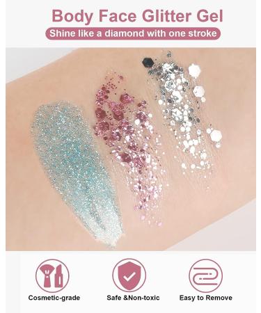 Creamify Face Body Glitter Gel - Pink, Silver & Blue Glitter with Gems Sticker - Rave & Mermaid Makeup - 65g - Buy Online on GoSupps.com