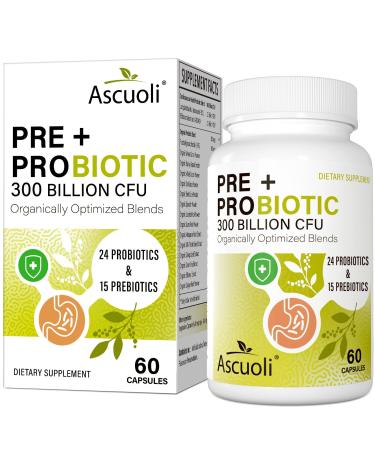 Ascuoli Probiotics for Women & Men - 300 Billion CFU 24 Strains Probiotics + 15 Organic Herbs Blend Daily Probiotic for Digestive Health Immune Gut Bloating - 60 Capsule 60 Count (Pack of 1)