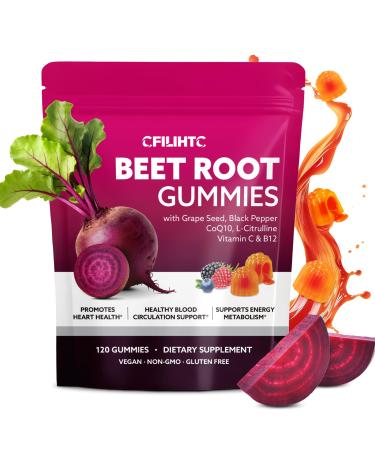 Beetroot Gummies - Beet Root for High Blood Pressure Supplements with Grape Seed Extract + CoQ10 + Black Pepper Extract + L-Citrulline + Vitamin C B12 Ultimate Heart for Blood Flow & Energy, 120 Count