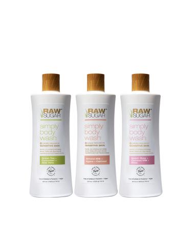 RAW SUGAR Simply Body Wash for Sensitive Skin - Moisturizing Nutrient-Rich Gentle Bath & Shower Gel Formulated without Sulfates and Parabens & Vegan (Pack of 3) Sensitive Skin 3pk