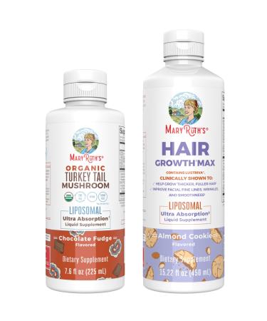MaryRuth Organics Turkey Tail Mushroom Liposomal (Chocolate Fudge) & Hair Growth MAX (Almond Cookie) | Clean Label Project Verified | Vitamins for Immunity & Beauty | Vegan Gluten-Free