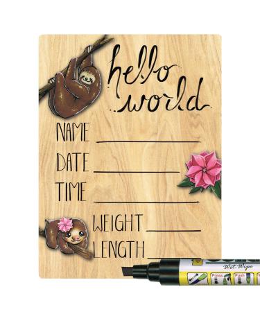 Cohas Hello World Newborn Baby Announcement Printed Wood Sign with Pink Sloth Theme, 5 by 7 Inches, Black Marker 5 by 7 Inch Black Marker
